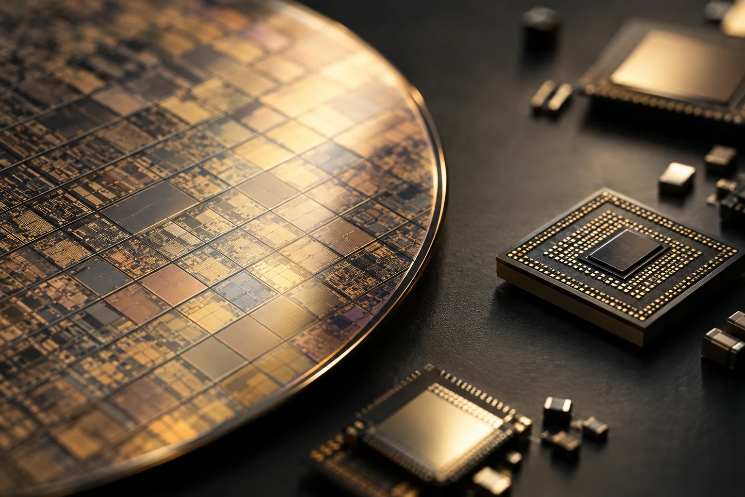 Illustratieve macrofoto van een siliciumwafer en chipcomponenten